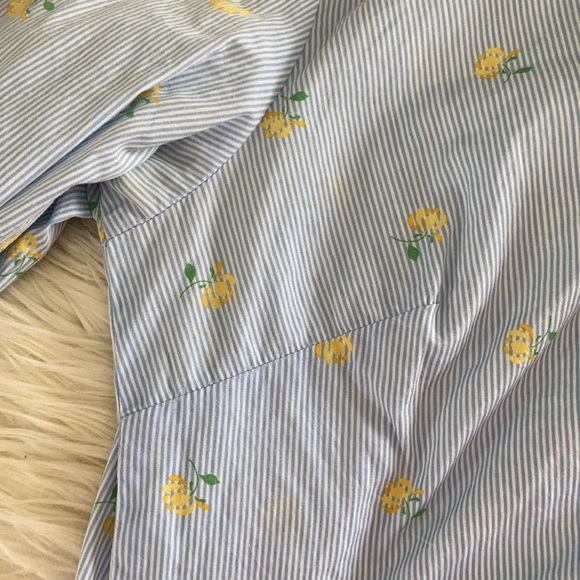 Karen Scott blue white pink striped yellow rose floral printed button front top - Picture 11 of 17